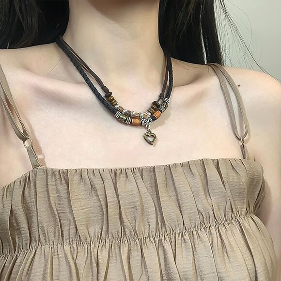 Western Layered Boho Wood Beads Choker Necklace Luck Copper Coins Heart Shaped F - Picture 5 of 7